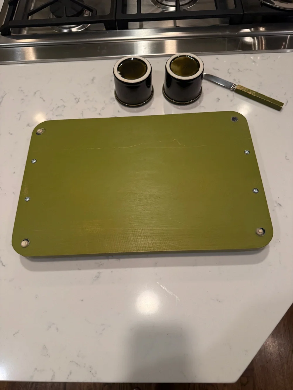 MCM Georges Briard Avocado Green Cocktail Serving Tray Set Tile Cheese Knife